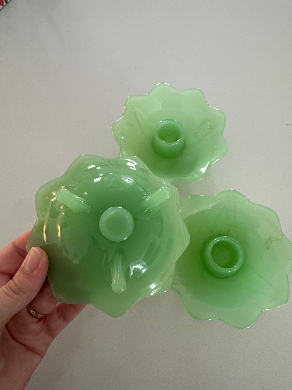 Three Green Flower-Shaped Glass Candle Holders - Picture 2 of 4
